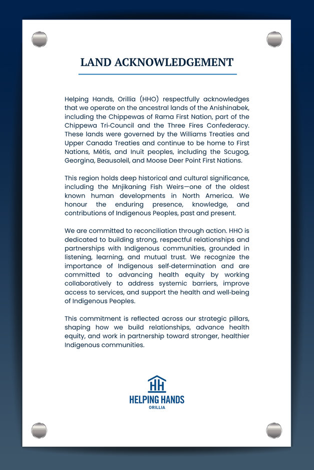 A Land Acknowledgement document for Helping Hands, Orillia on a white background with silver corner pins.