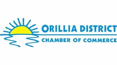 The logo for the orillia district chamber of commerce shows a sun over a body of water.
