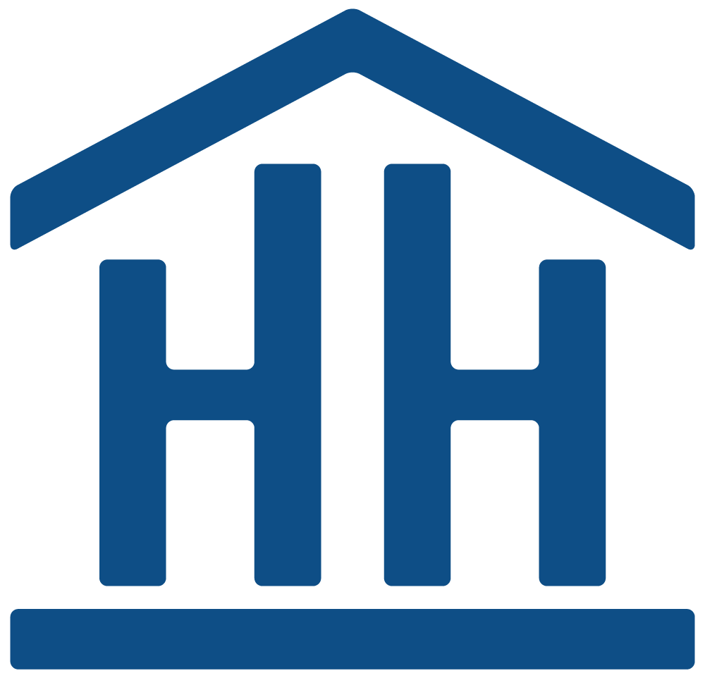 A blue and white house with two h's inside