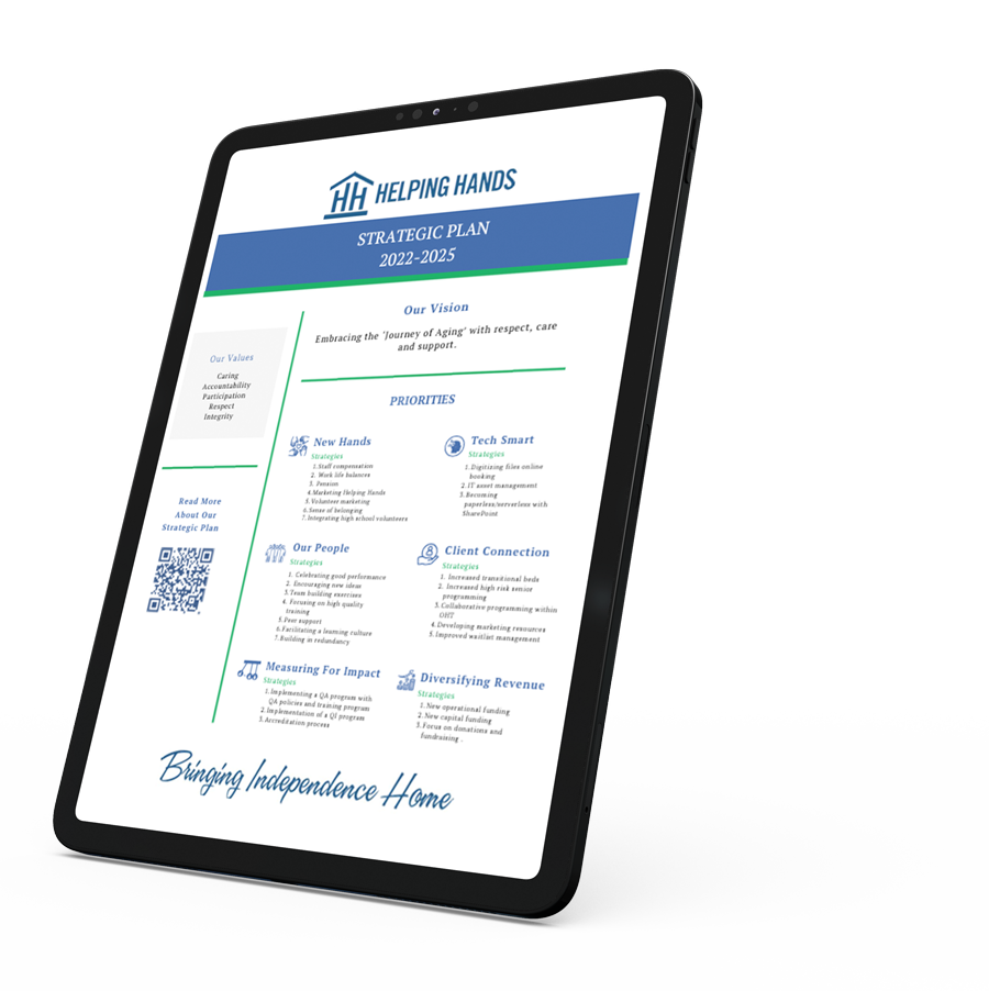 A tablet with a helping hands strategic plan on it.