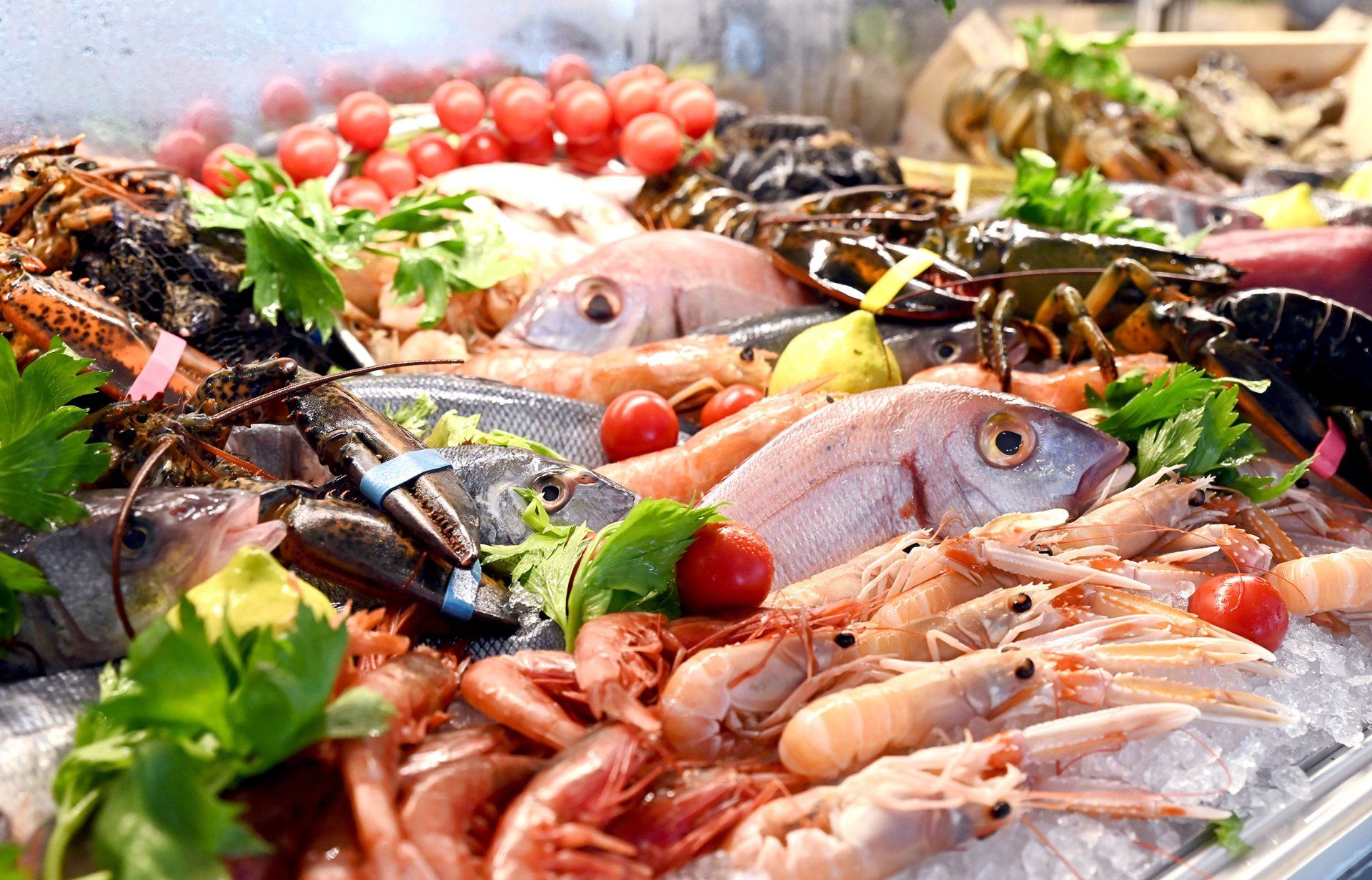 Esposizione di frutti di mare: vari pesci, aragosta, granchio, gamberi e pomodori su ghiaccio, guarniti con erbe aromatiche.