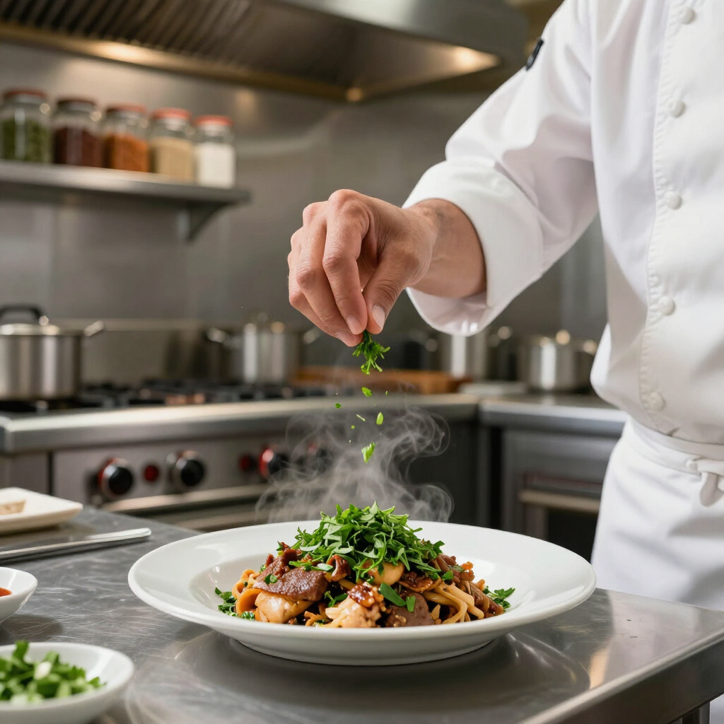 Een chef-kok strooit kruiden over een gerecht op een bord in een roestvrijstalen keuken.