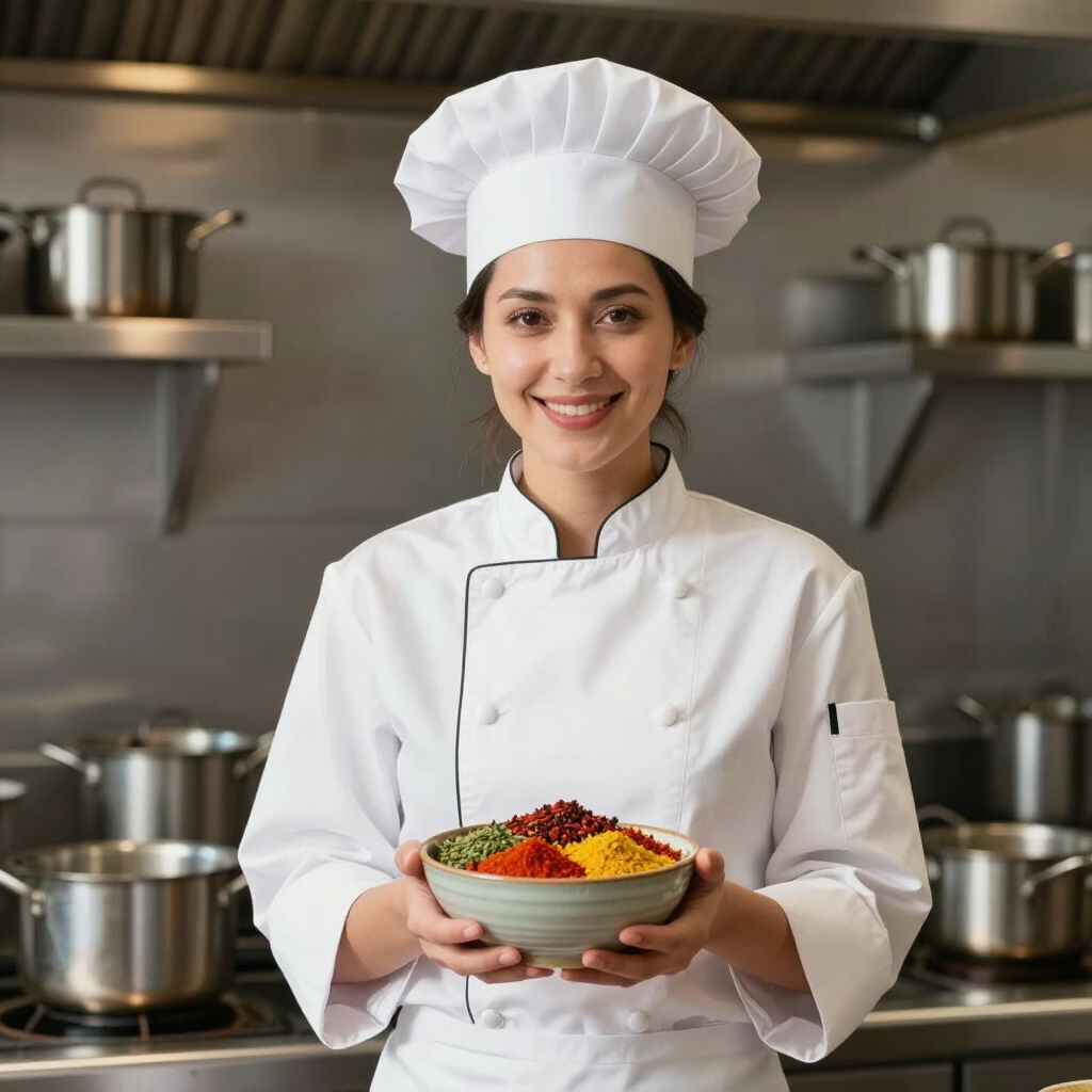 Chef-kok in wit uniform met een kom vol kleurrijke ingrediënten in een professionele keuken.