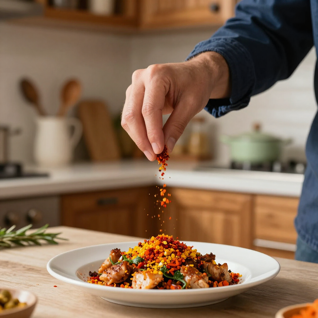 Met de hand rode en gele kruiden over een opgediend gerecht strooien in een keuken.