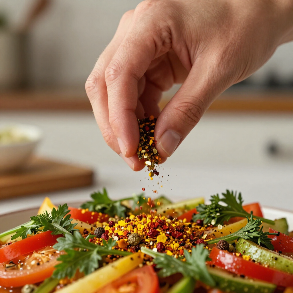 Met de hand rode en gele kruiden over een verse groentesalade strooien