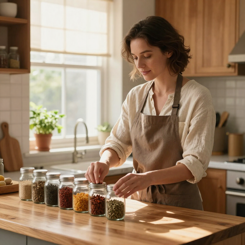 Vrouw in een zonovergoten keuken etiketteert potjes gedroogde kruiden op een houten aanrecht.