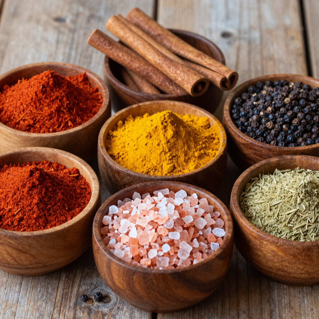 Diverse specerijen in houten schalen op een rustieke tafel, waaronder kaneelstokjes, rode chilipoeder, kurkuma, peper, zout en kruiden.
