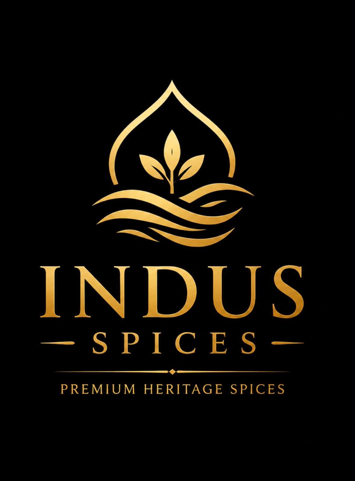 Het logo van Gold Indus Spices met een gestileerd blad, golven en slogan op een zwarte achtergrond.