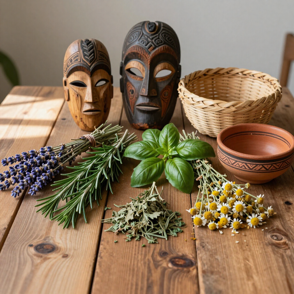 Kruiden en bloemen gerangschikt op een houten tafel naast gebeeldhouwde houten maskers en een rieten mand.