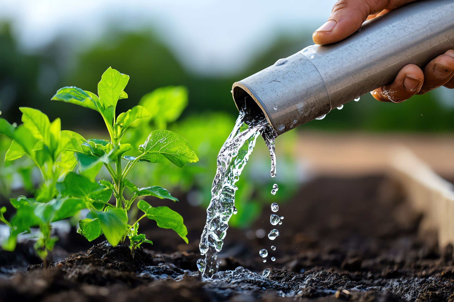 A person is watering a plant with a pipe.