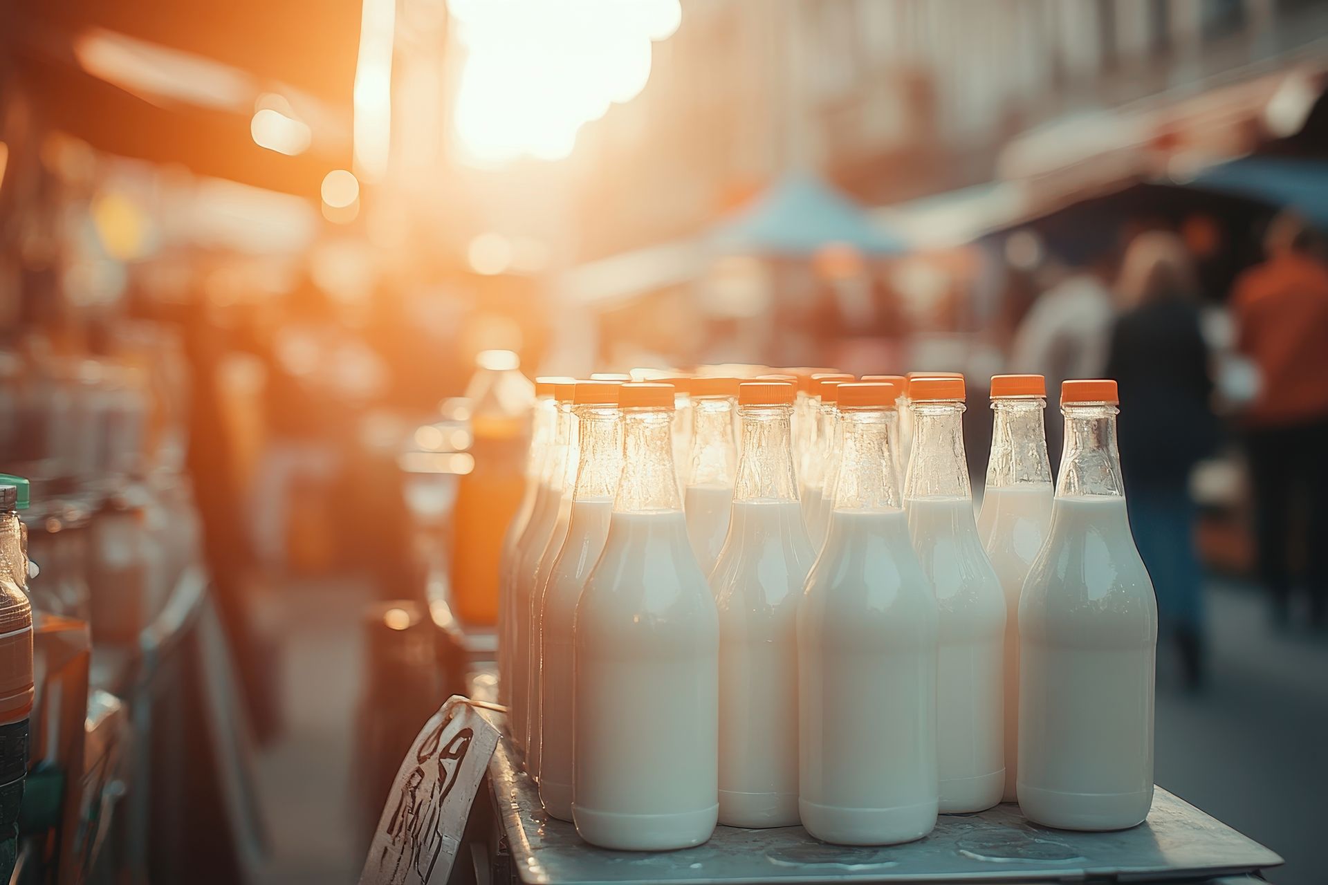 A row of milk bottles sitting on top of a table.