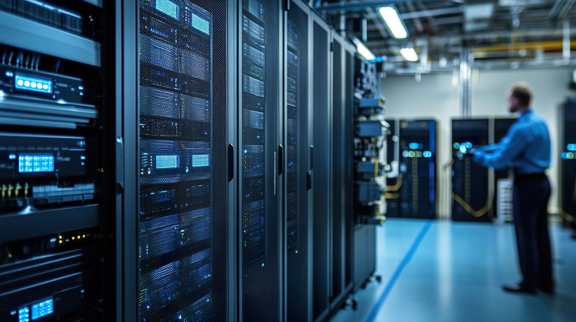 A man is working on a computer in a server room.