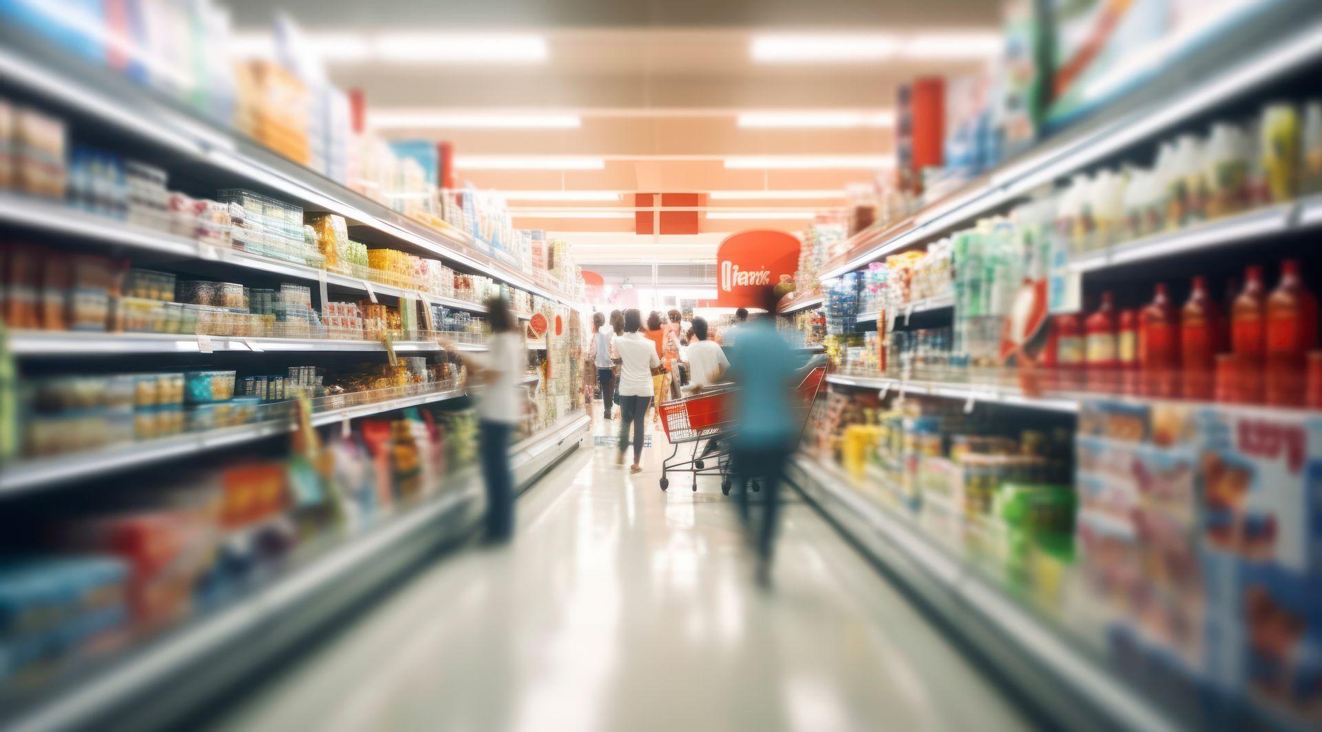 A blurry picture of people shopping in a grocery store.
