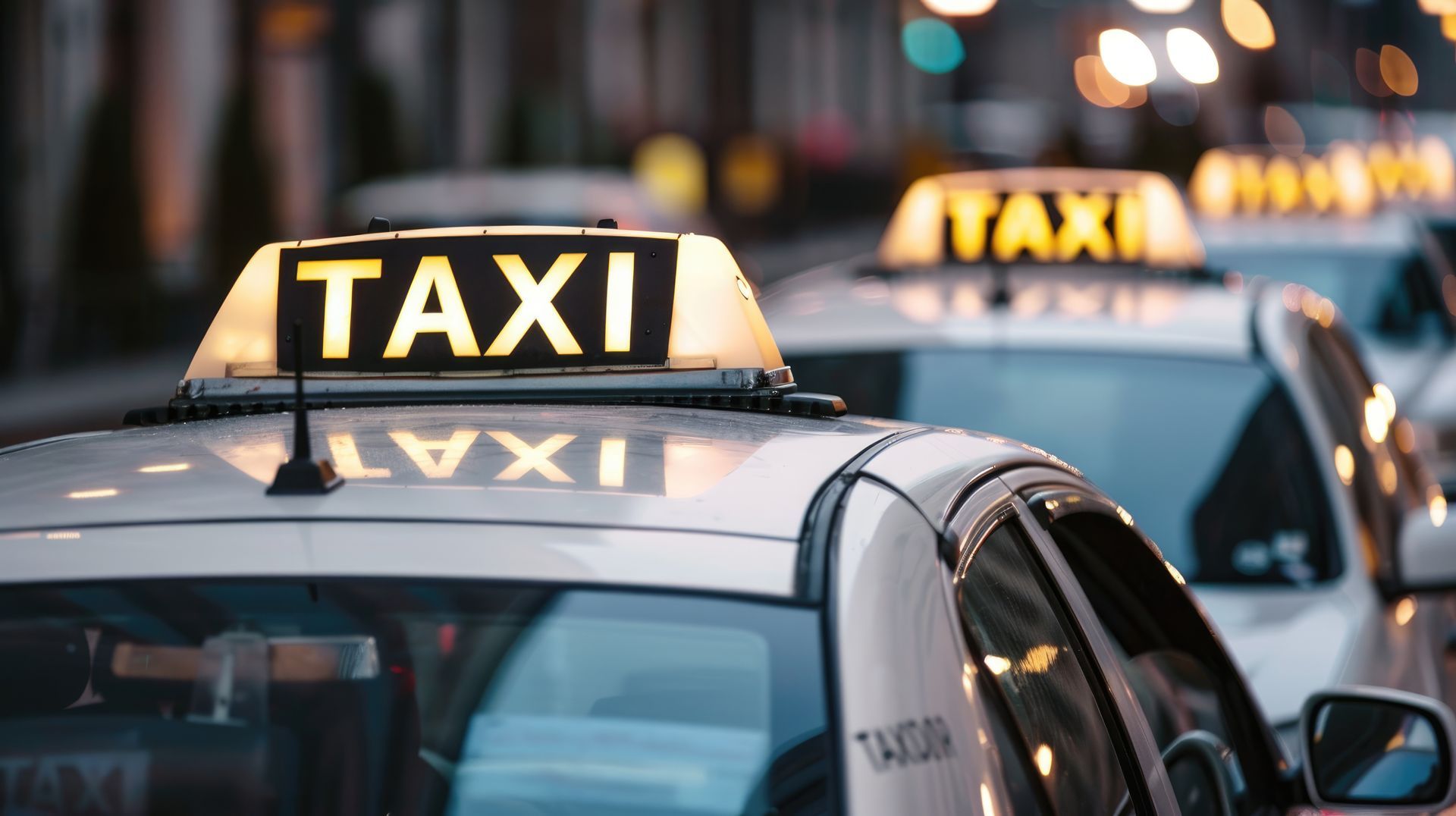 A row of taxis are driving down a city street at night.
