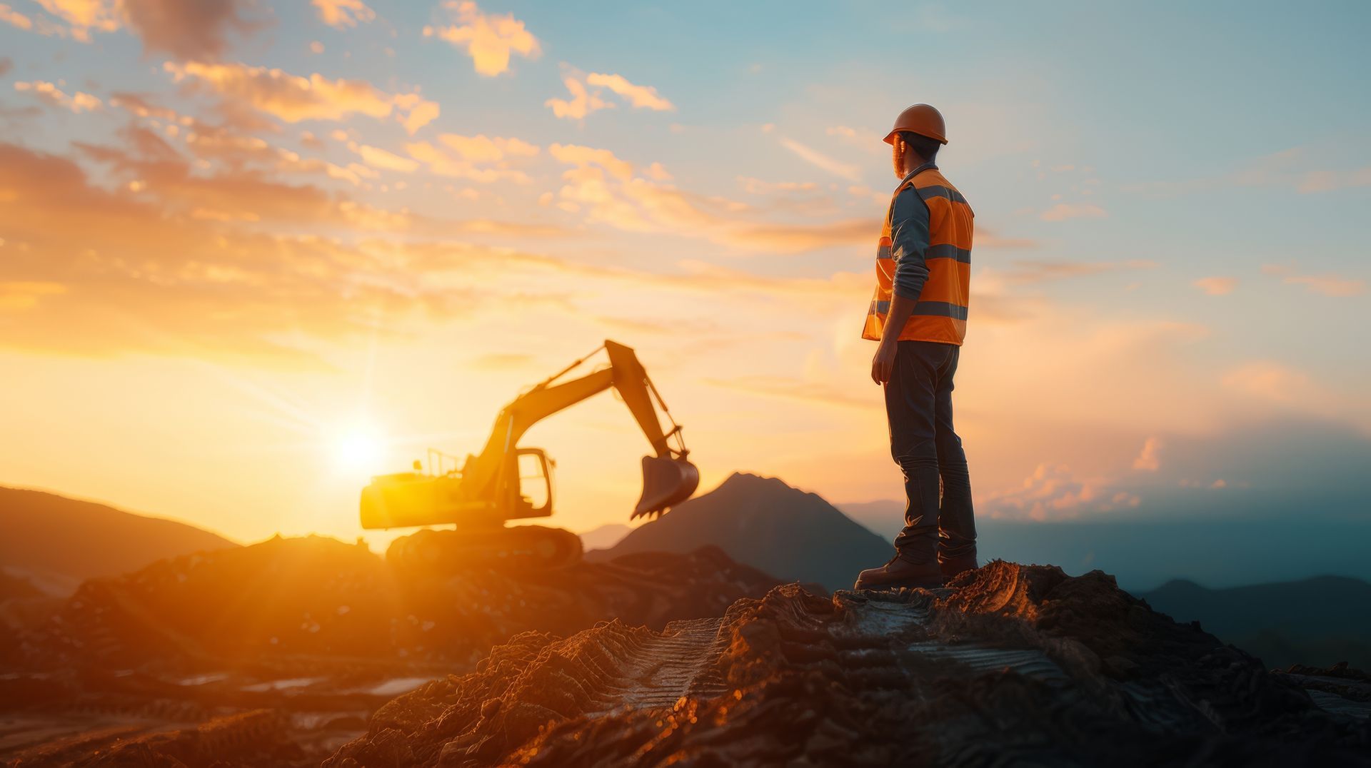 A construction worker is standing on top of a hill next to an excavator at sunset.