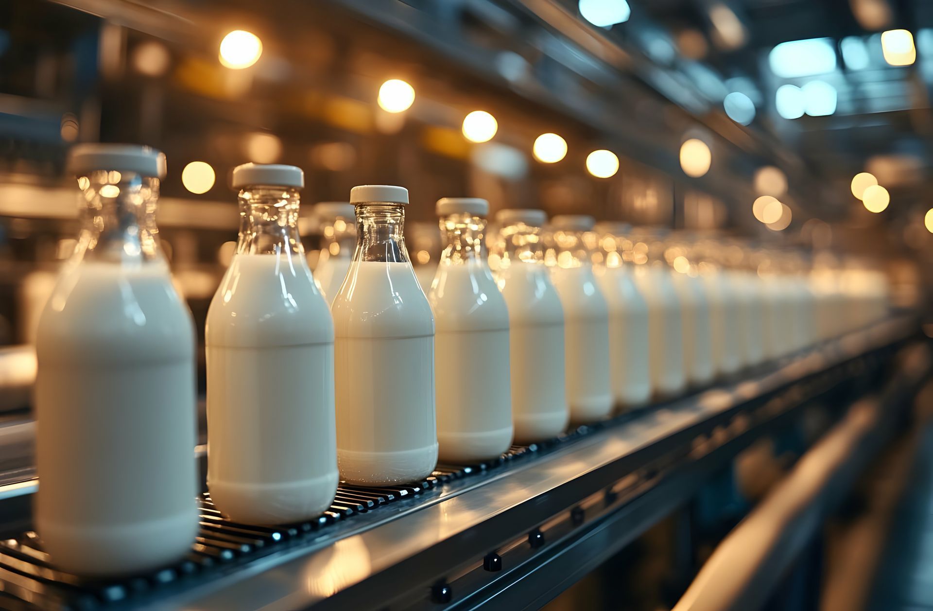 A conveyor belt filled with bottles of milk in a factory.