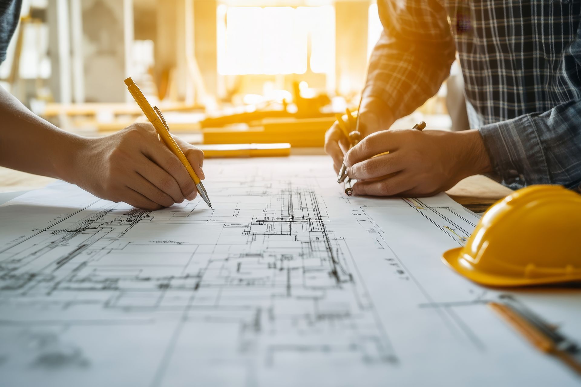 A couple of men are sitting at a table looking at a blueprint.