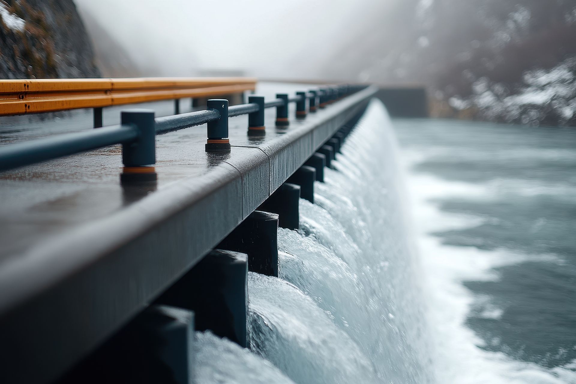 A waterfall is coming down a bridge into a lake.