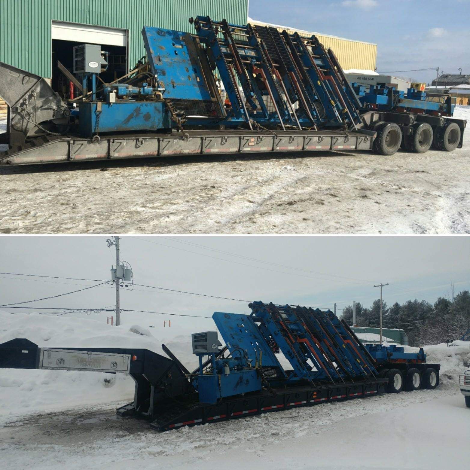 Deux photos d'un semi-remorque dans la neige