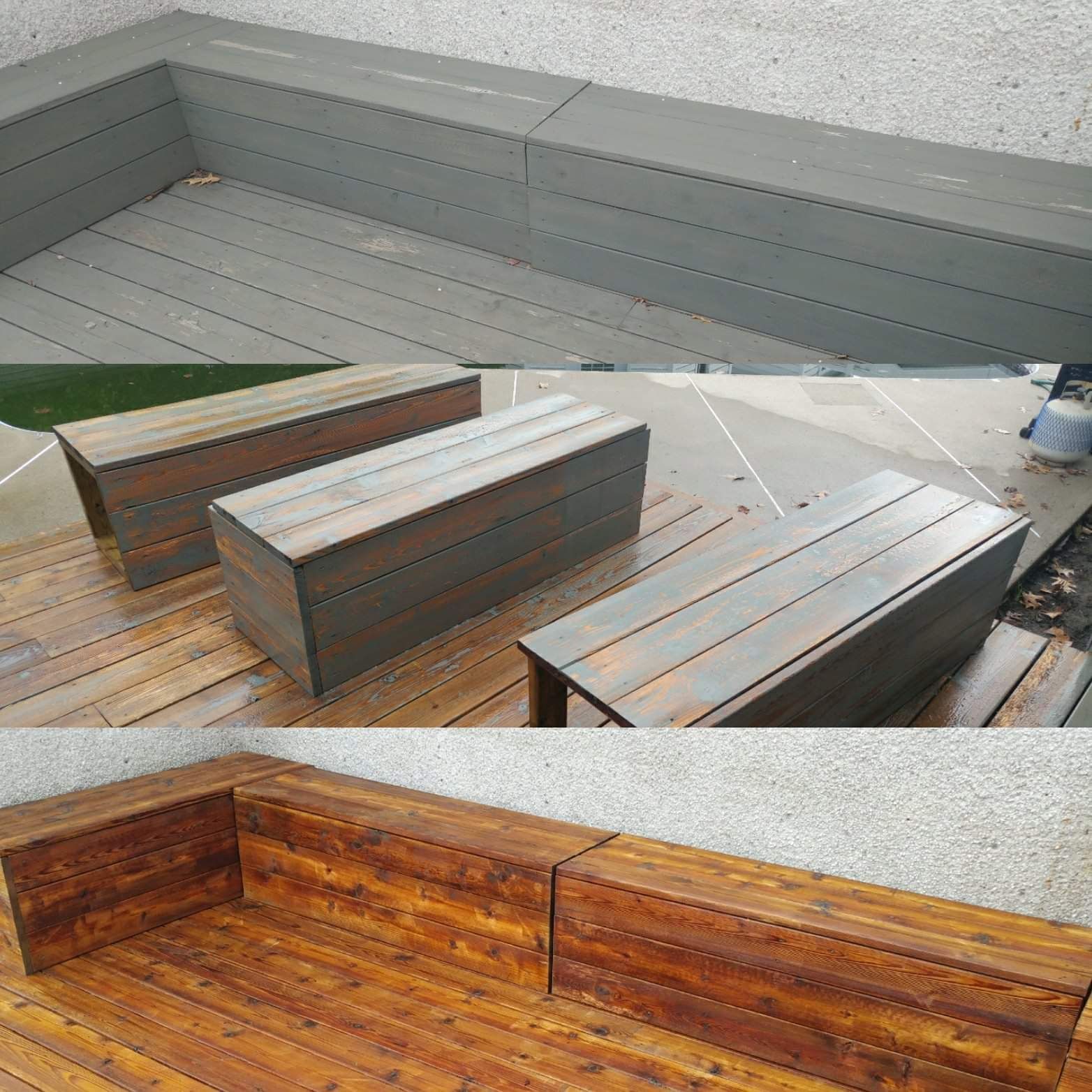 Un collage de trois photos de bancs en bois sur une terrasse