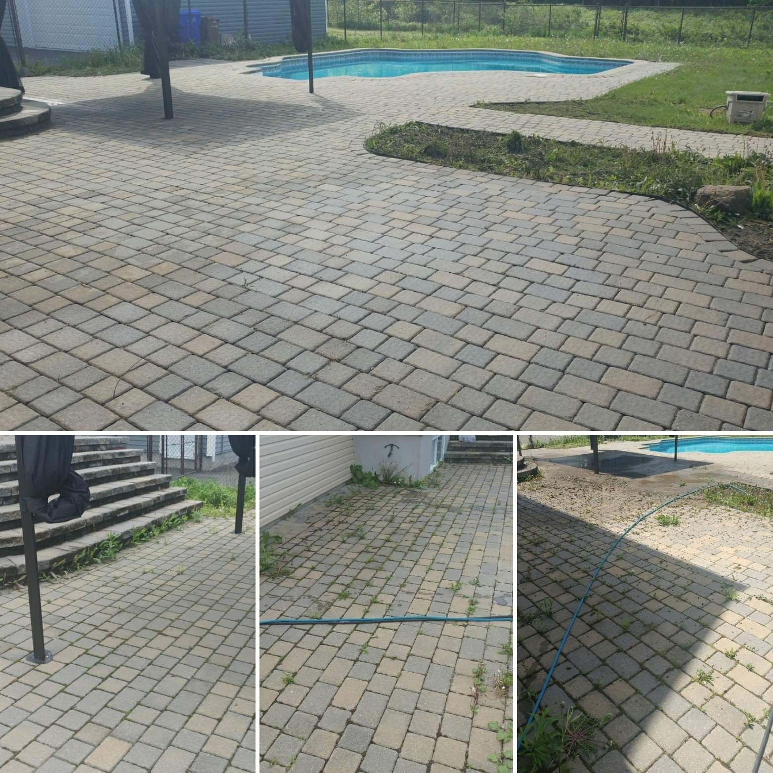 Un collage de quatre photos d'un patio avec une piscine en arrière-plan.