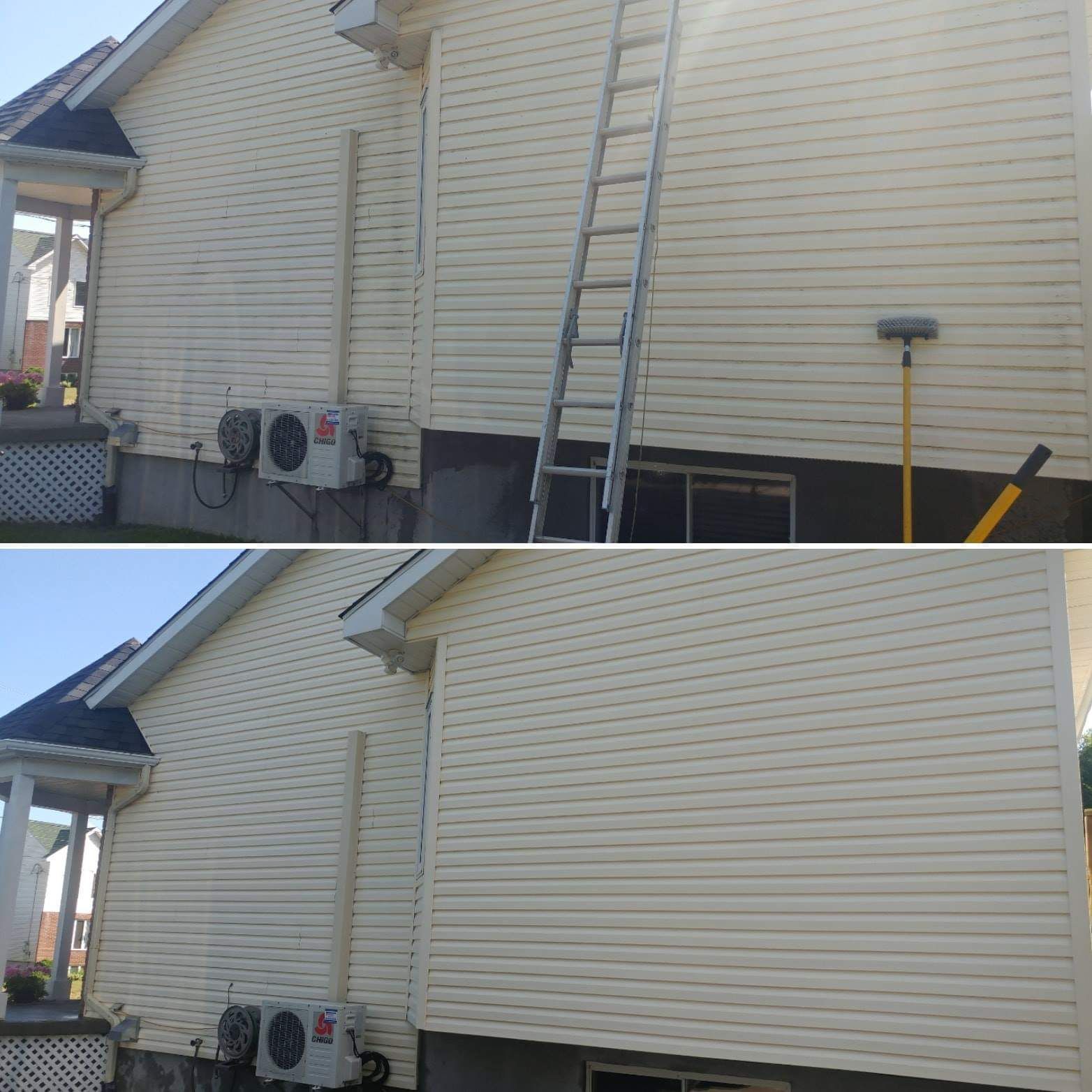 Une photo avant et après d'une maison avec une échelle sur le côté.