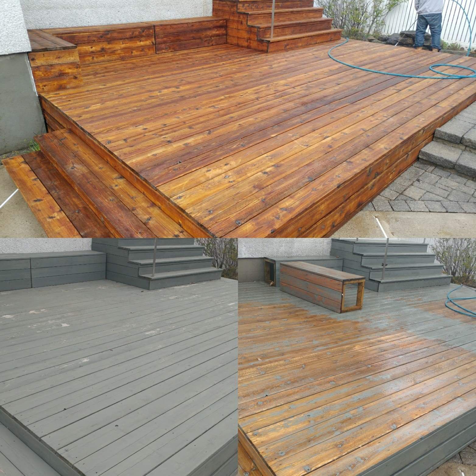 Un collage de trois photos d'une terrasse en bois avant et après avoir été peinte.