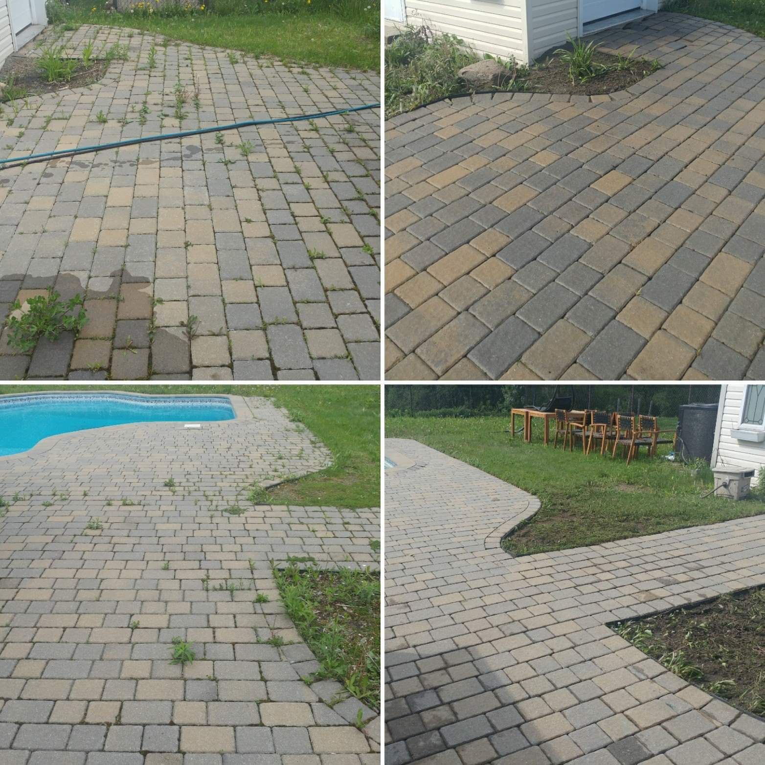 Une photo avant et après d'un patio avec piscine