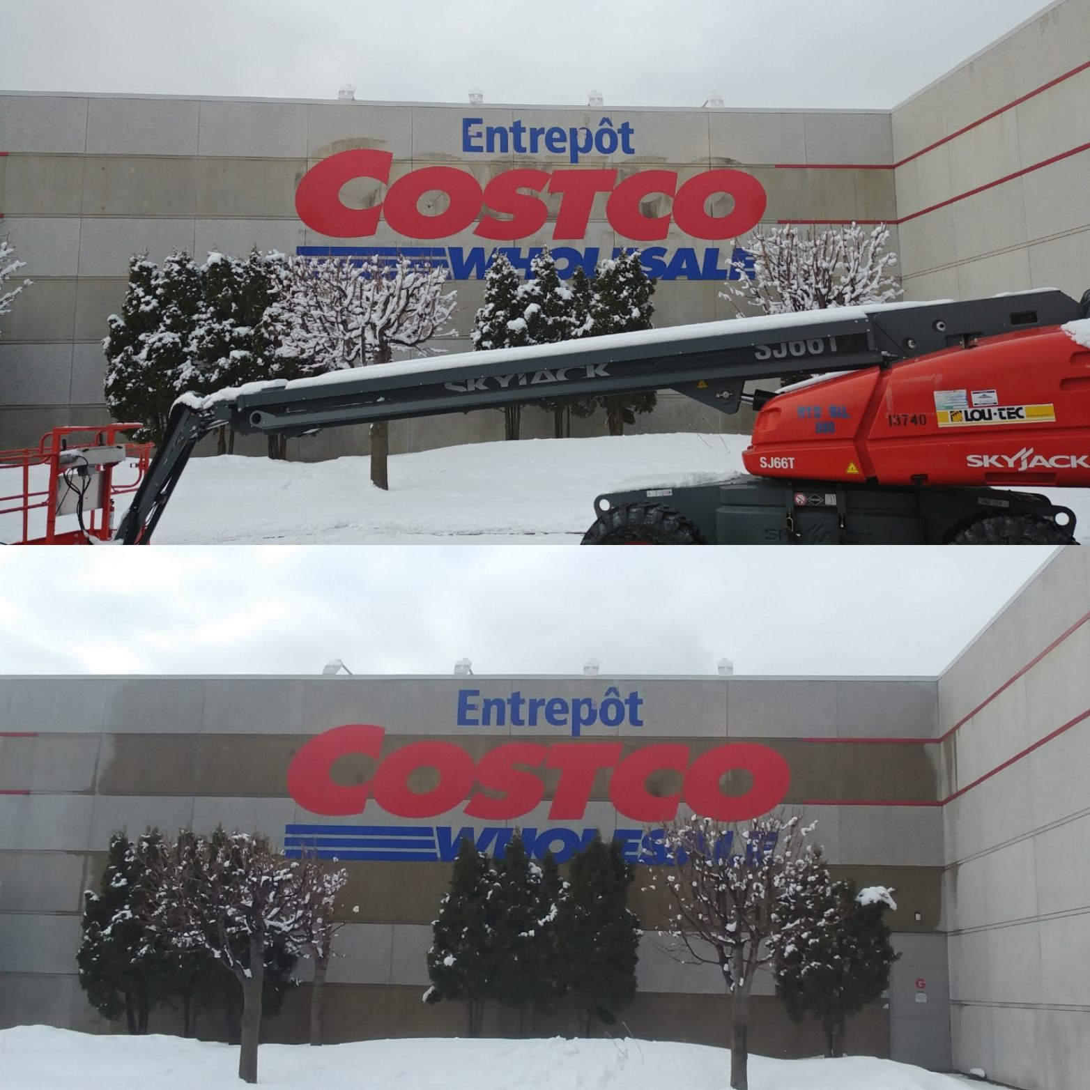 Un grand panneau Costco est recouvert de neige