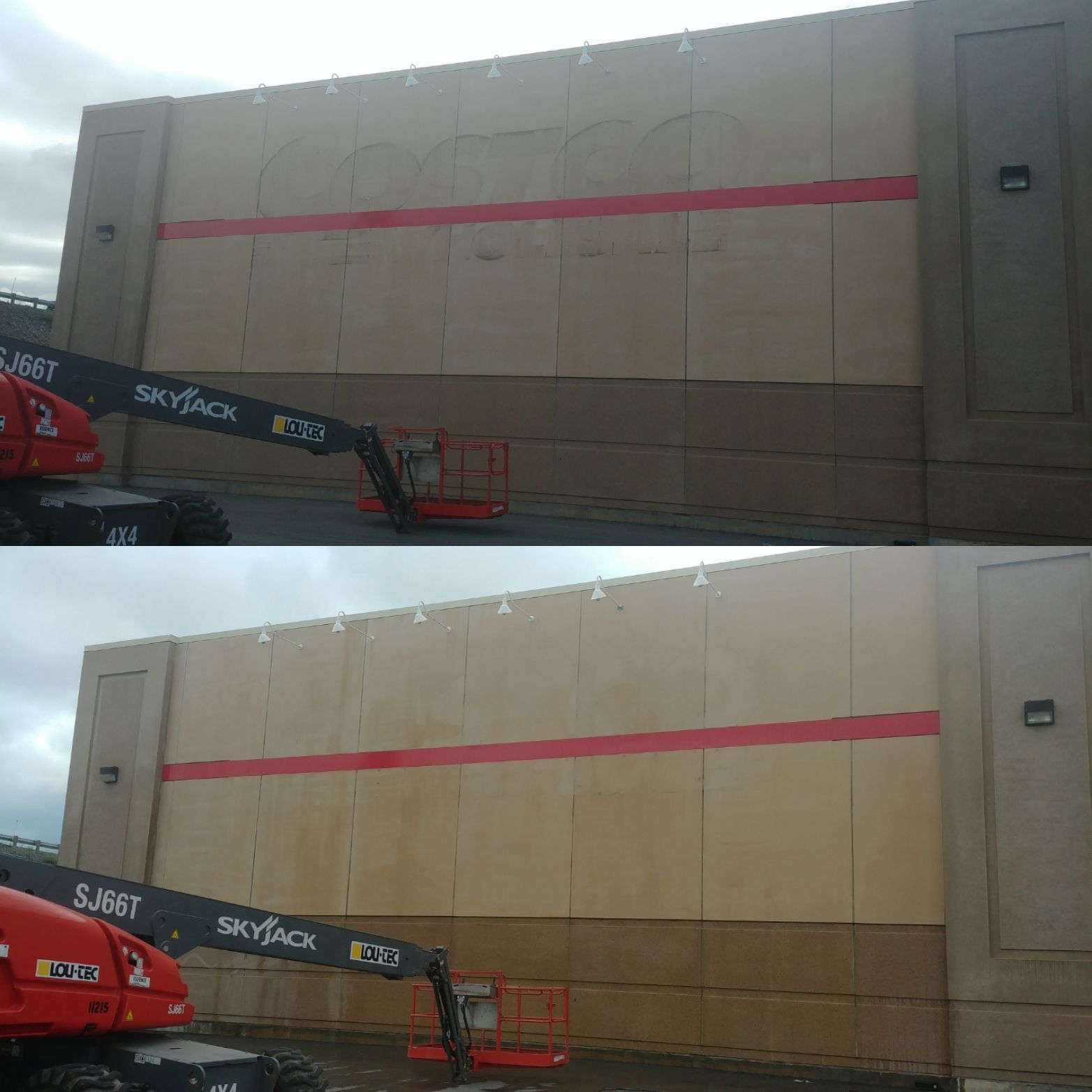 Une photo avant et après d'un bâtiment avec une grue dessus.