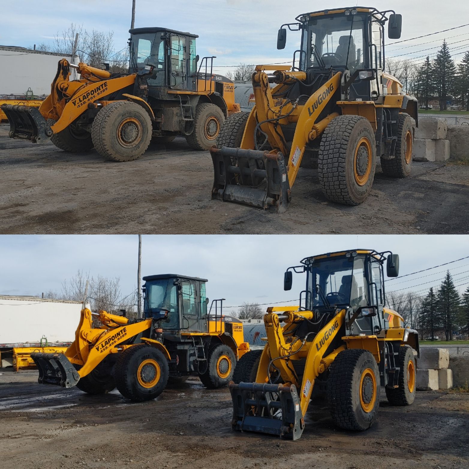Deux tracteurs jaunes sont garés l'un à côté de l'autre sur un terrain en terre