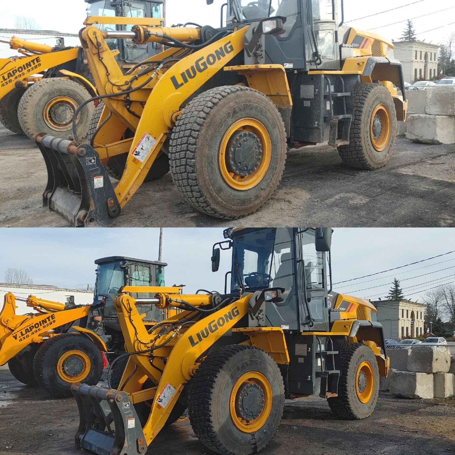 Deux photos d'une chargeuse sur pneus jaune Liugong