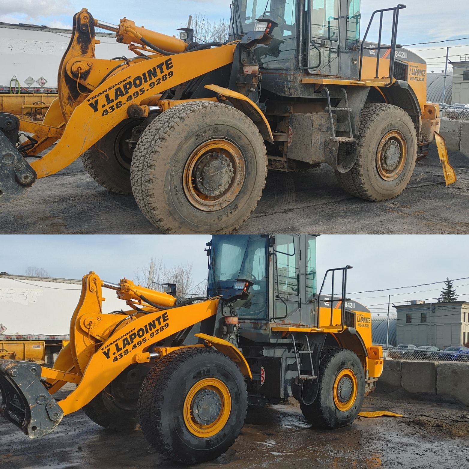 Un tracteur jaune avec le mot lapointe sur le côté