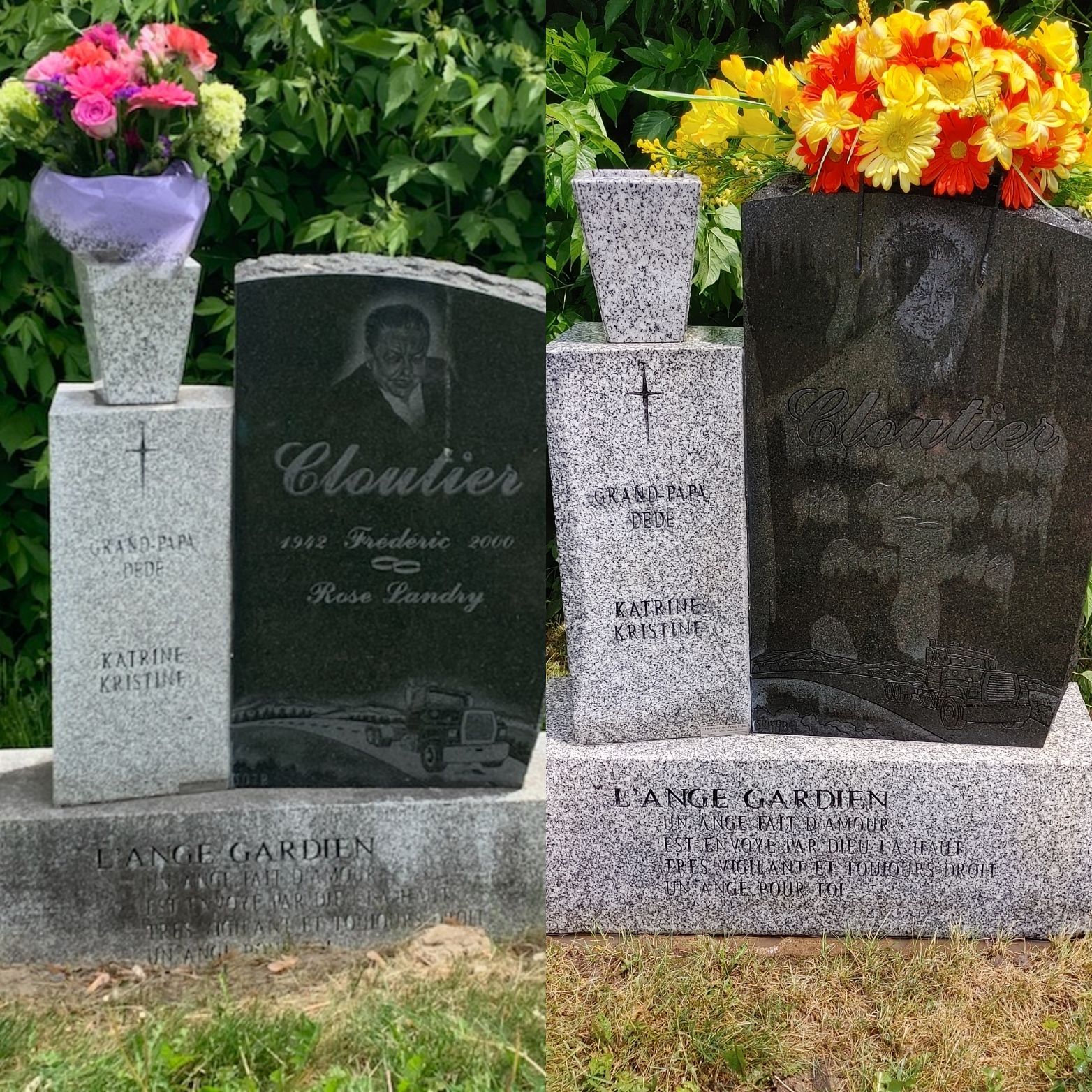 Une pierre tombale pour cloutier est entourée de fleurs