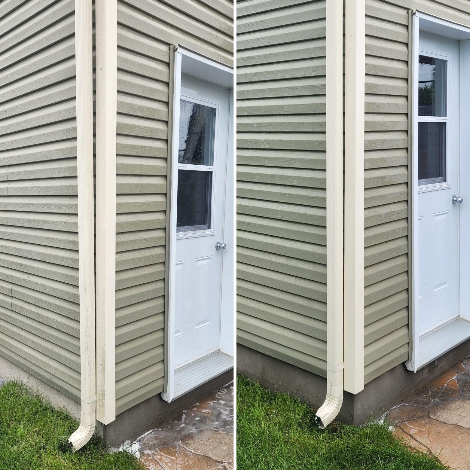 Une photo avant et après d'une maison avec bardage et porte.