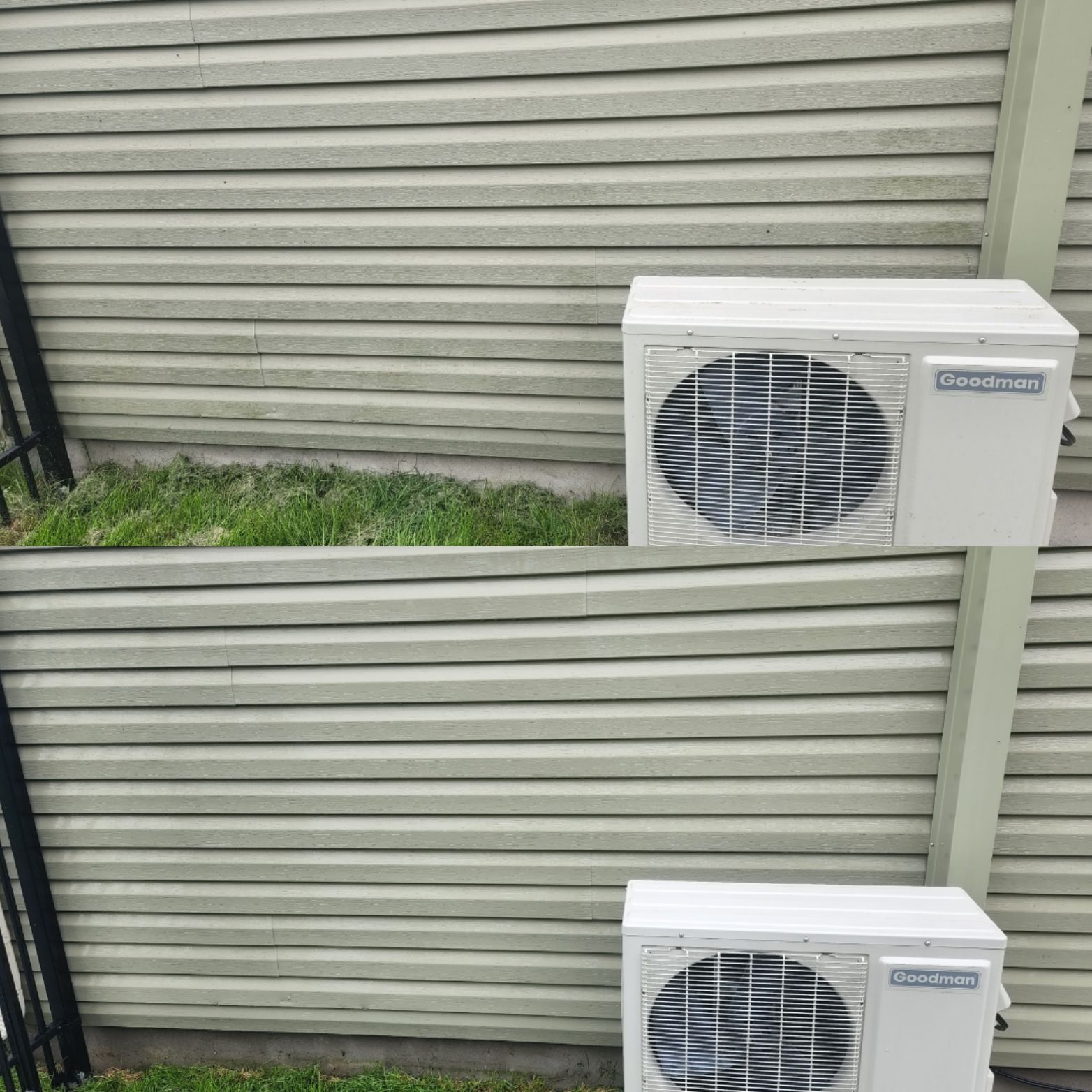 Deux climatiseurs sont installés sur le côté d'un bâtiment à côté d'une clôture.