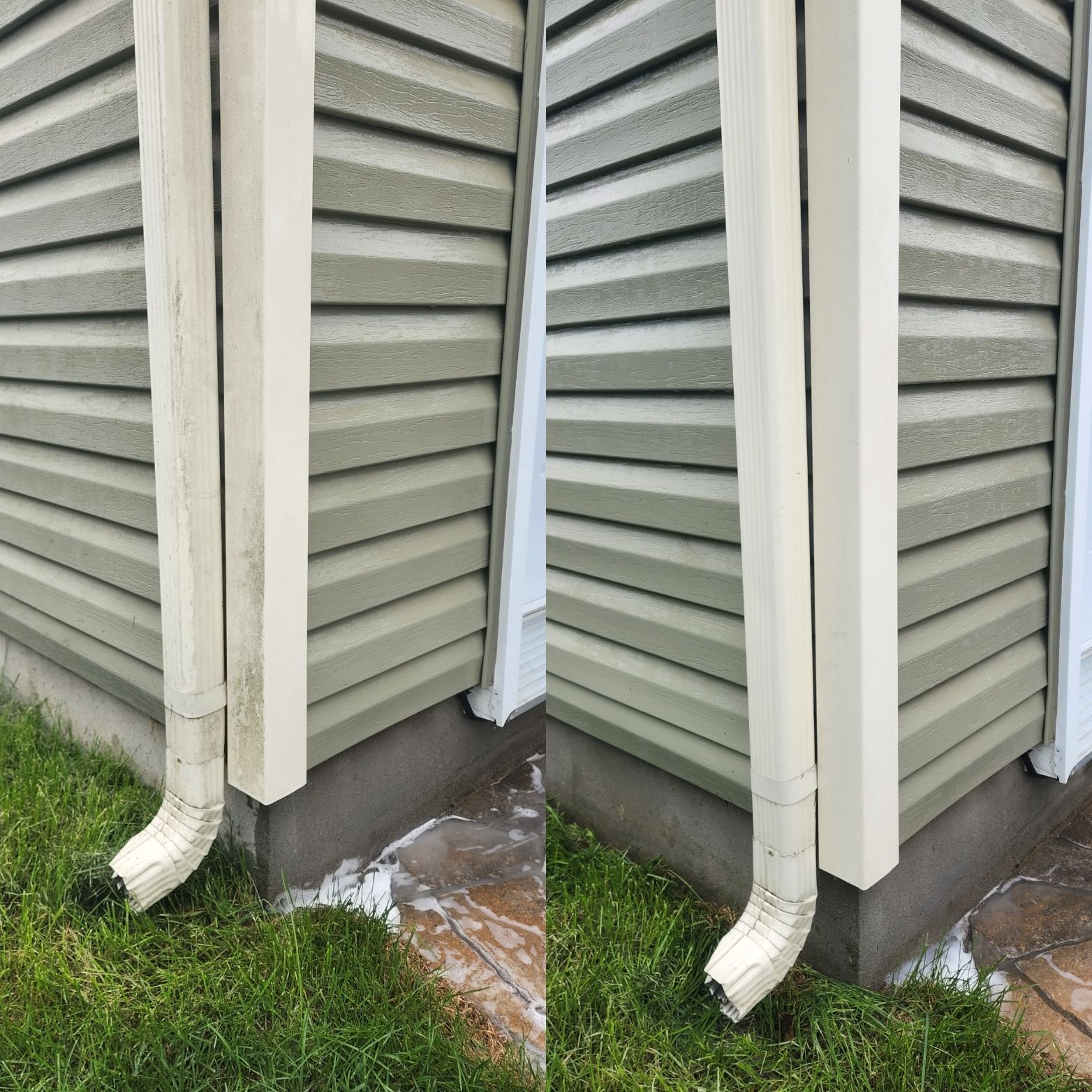 Une photo avant et après du revêtement et des gouttières d'une maison.