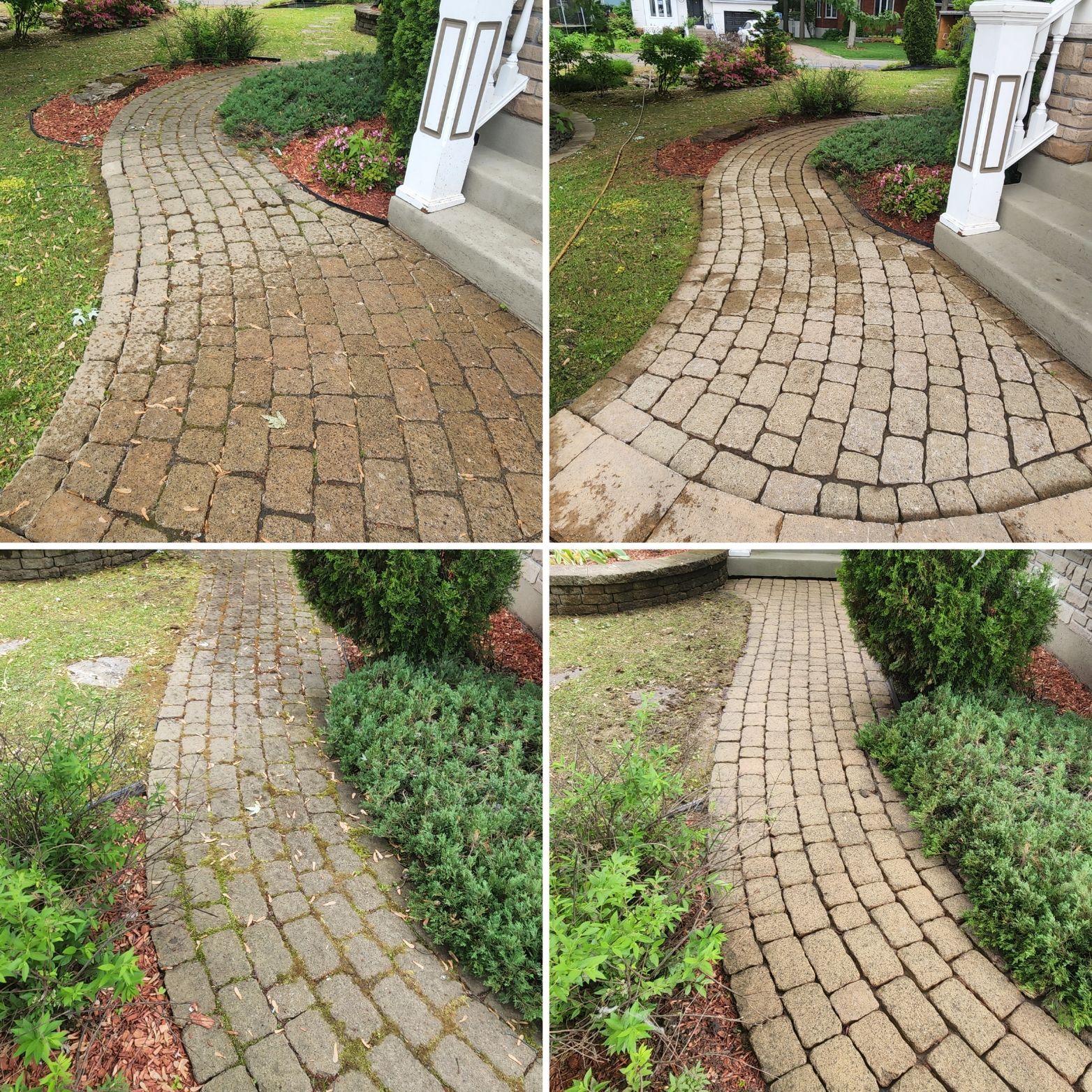 Un collage de quatre photos d'une allée en briques avant et après nettoyage.