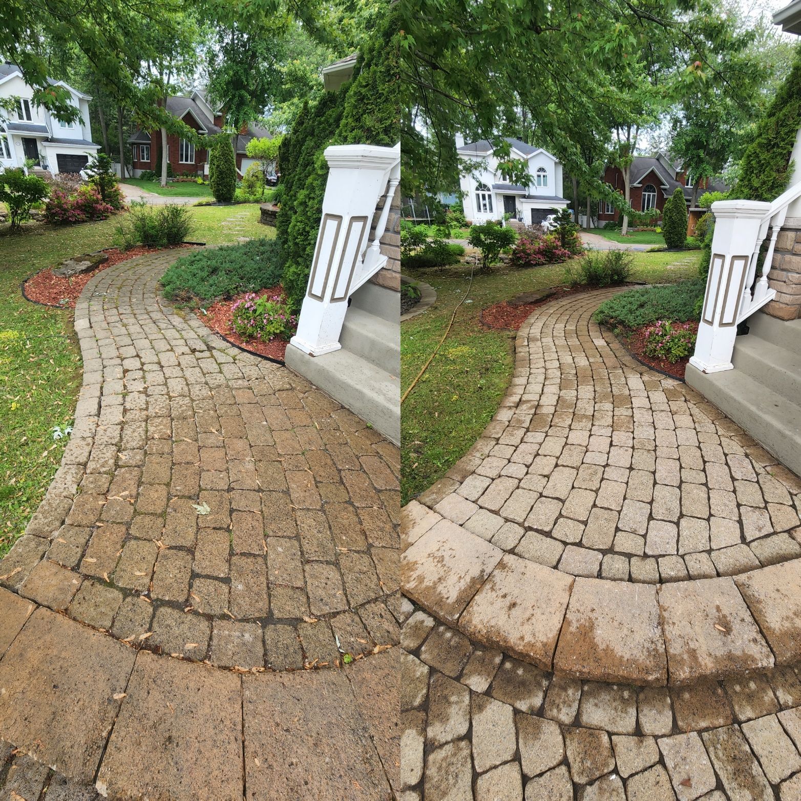 Une photo avant et après d'une allée en briques dans une cour.