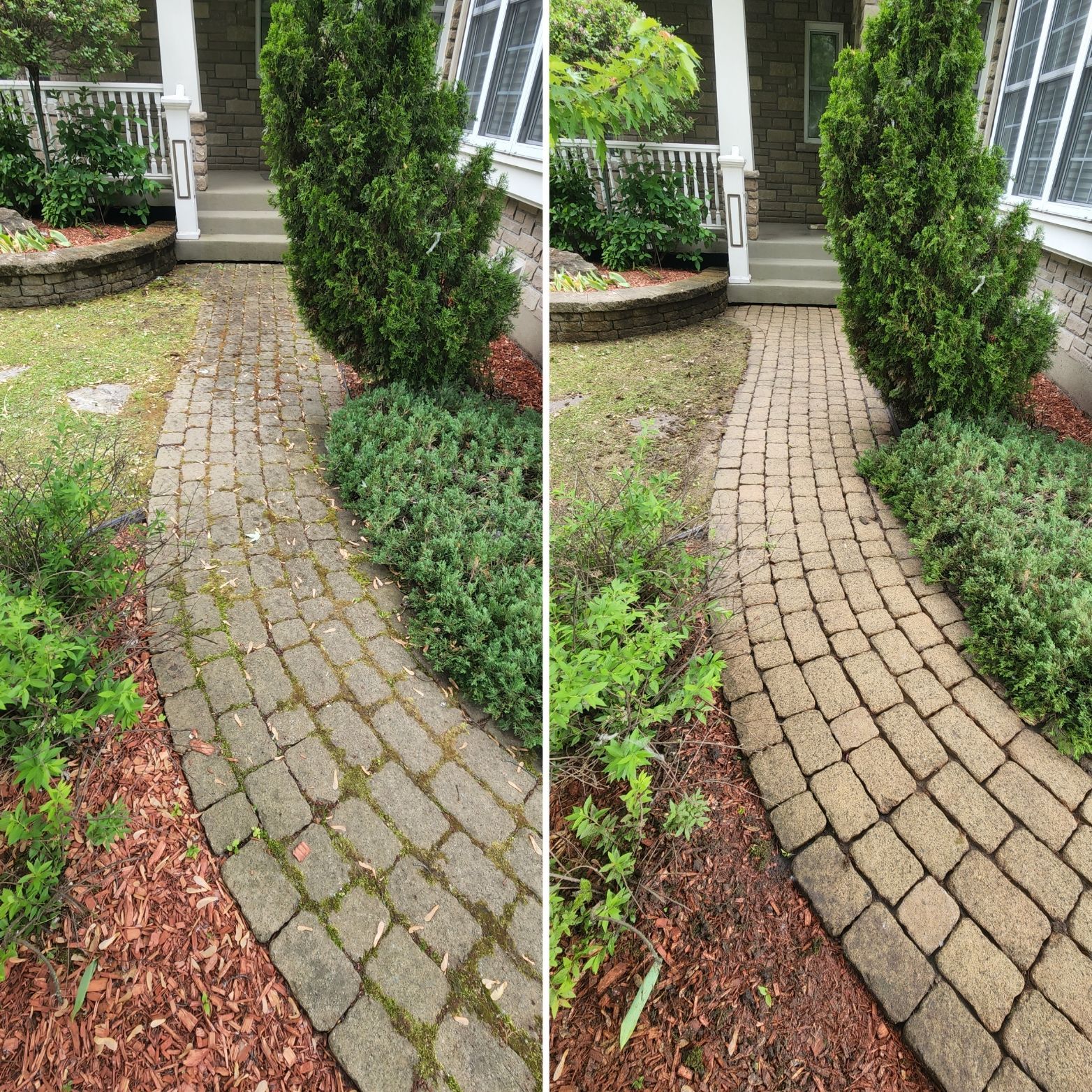 Une photo avant et après d'une allée en briques devant une maison.