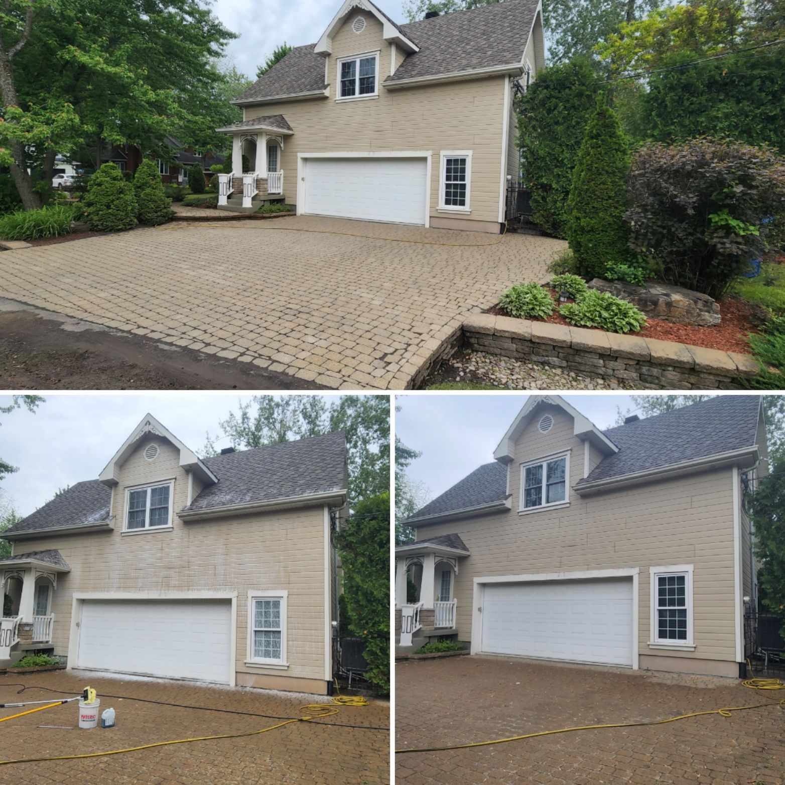 Une photo avant et après d'une maison avec une porte de garage.