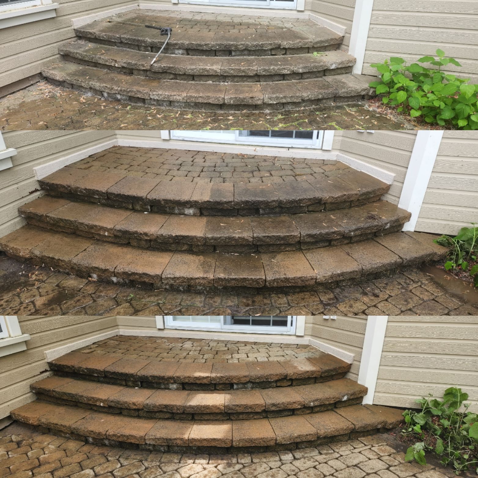 Une photo avant et après d'un patio avec marches.