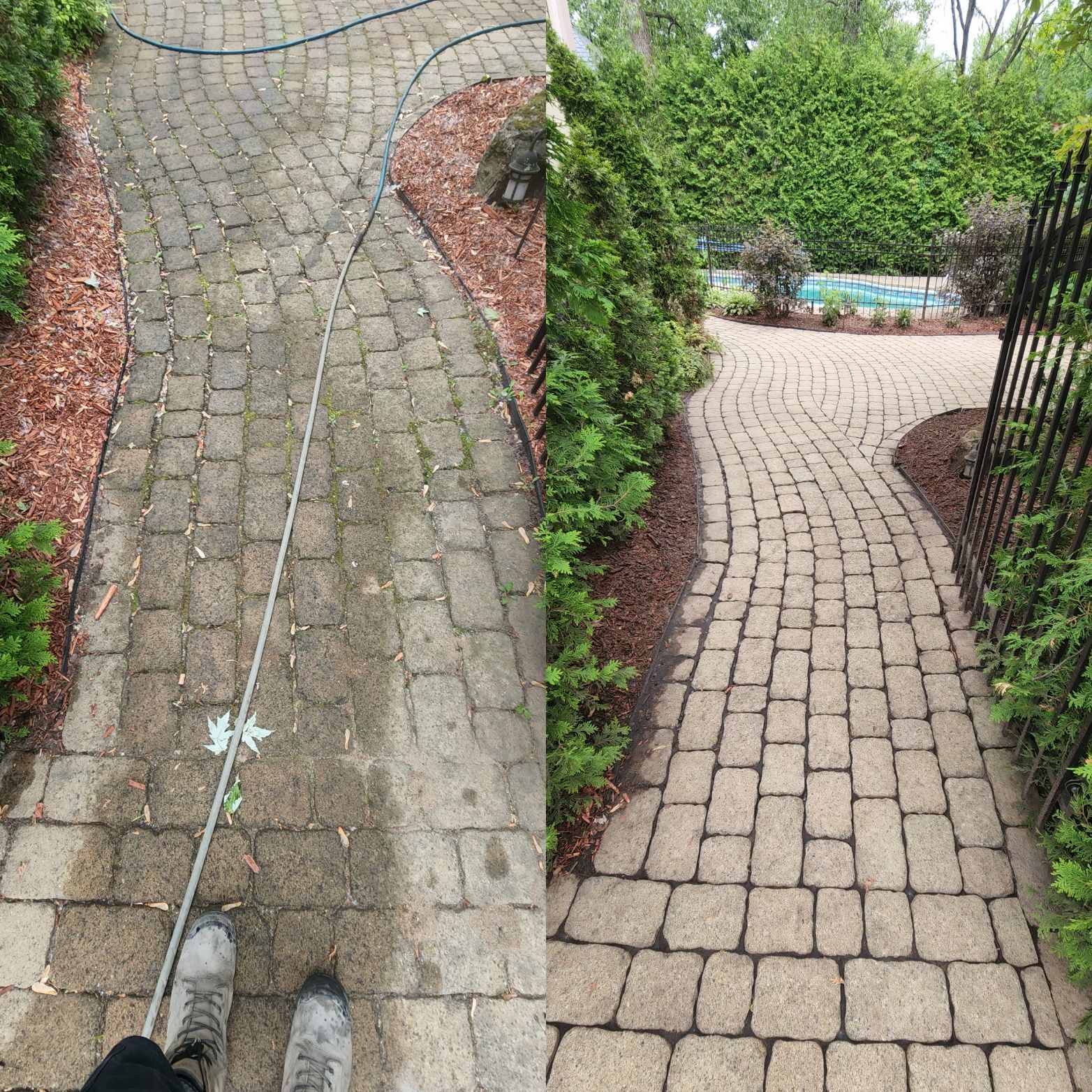 Une photo avant et après d'une allée en briques nettoyée avec un nettoyeur haute pression.