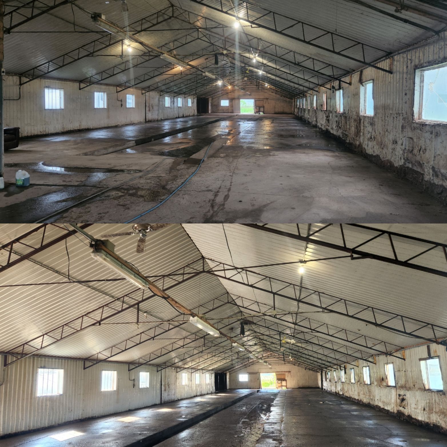 Une photo avant et après d'une grange vide