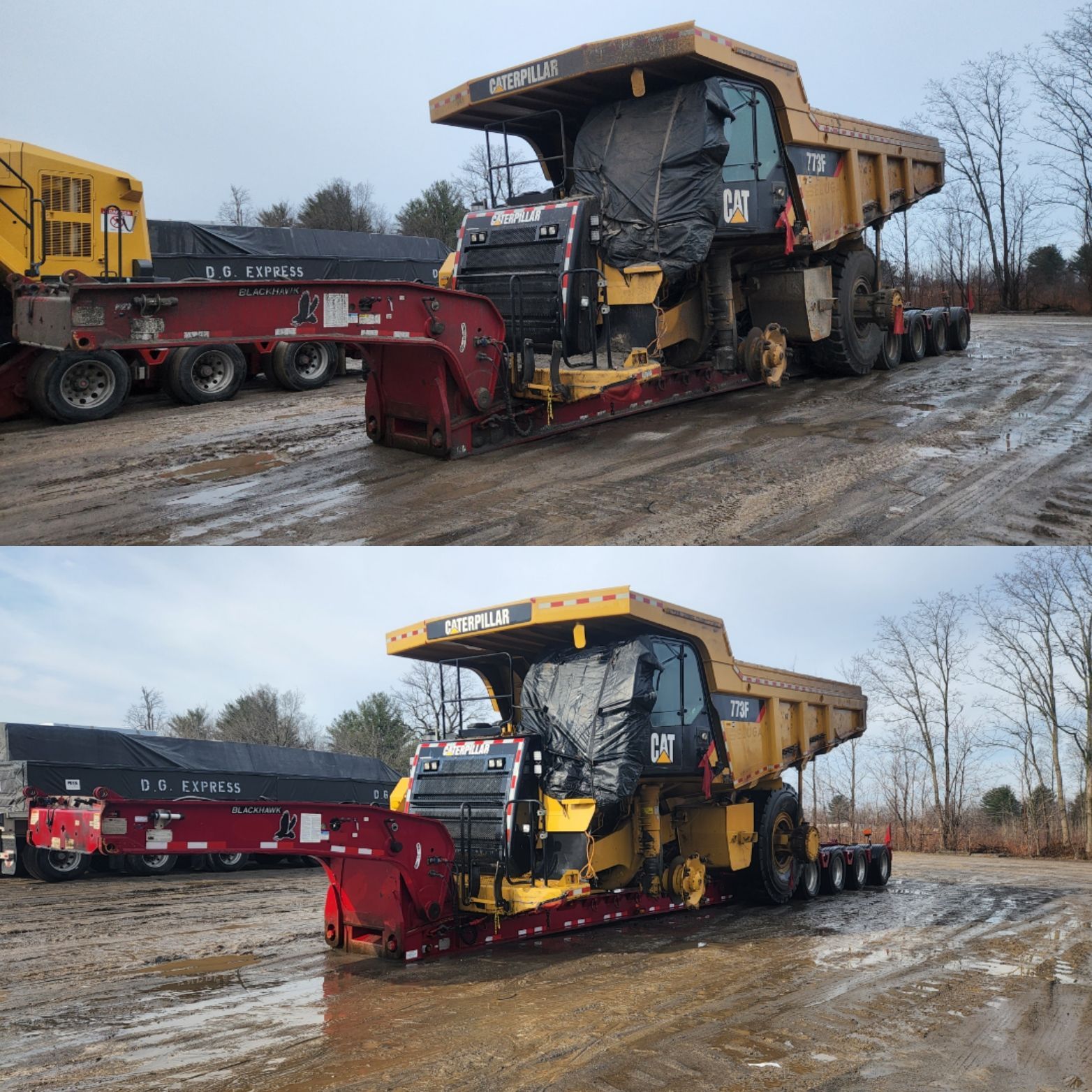 Un camion à benne basculante est assis sur une remorque dans un champ boueux.