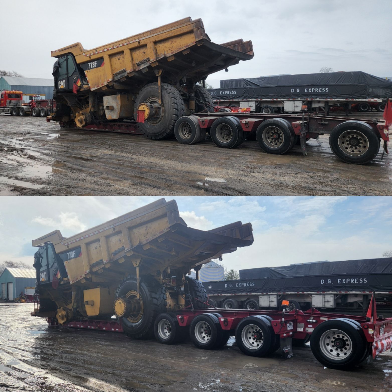 Une photo avant et après d'un camion à benne basculante sur une remorque.
