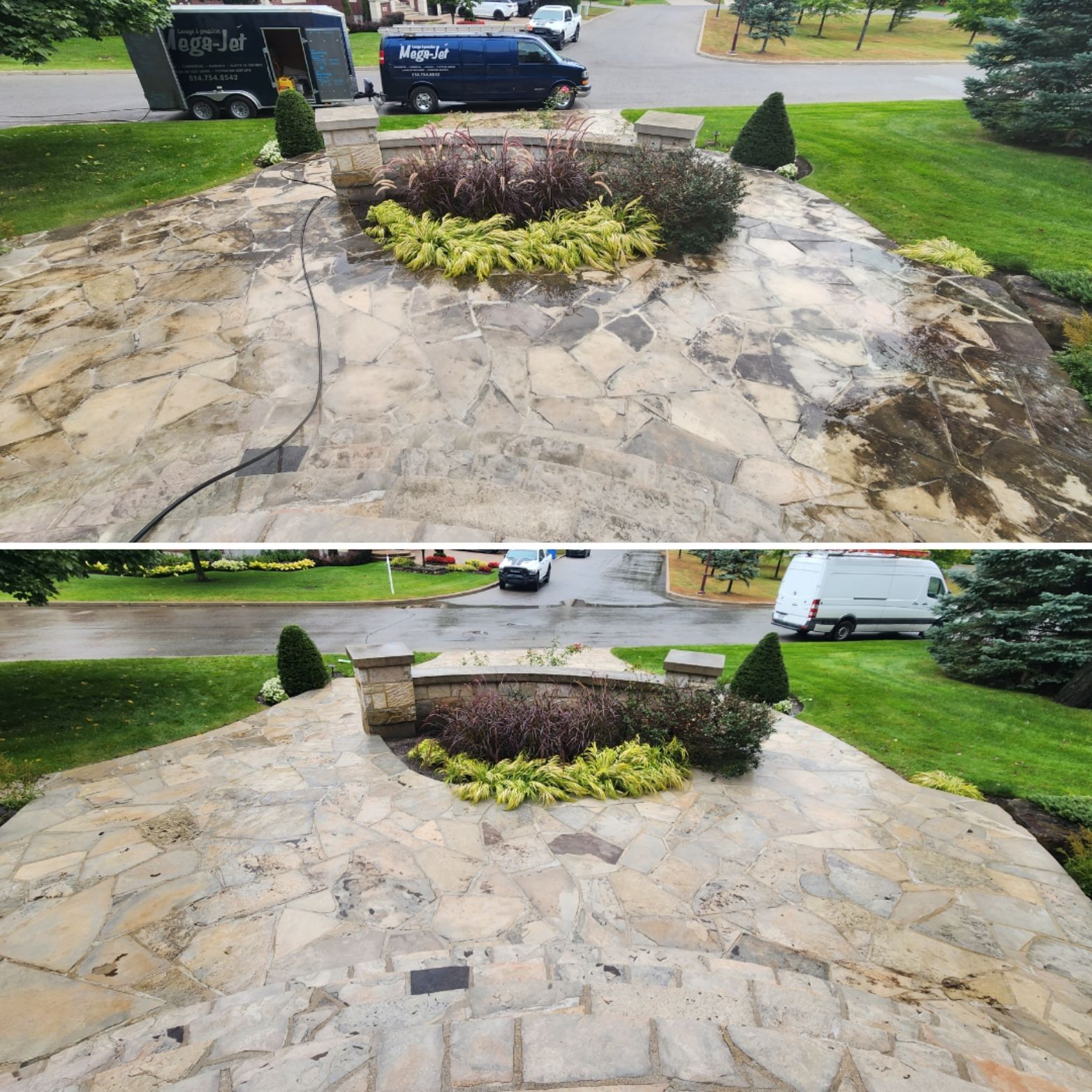 Une photo avant et après d'une allée en pierre.