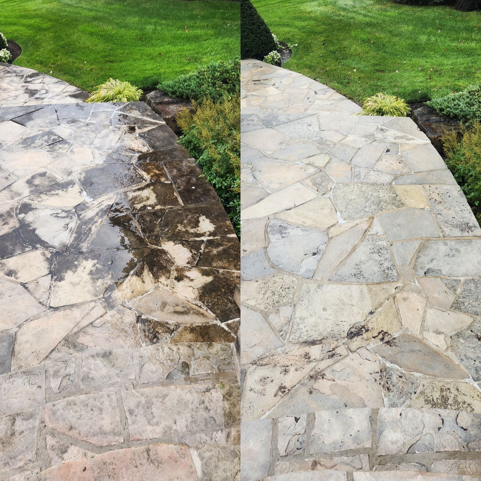 Une photo avant et après d'une allée en pierre.