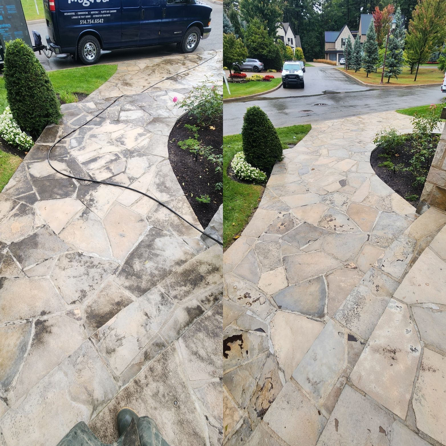 Une photo avant et après d'une allée en pierre