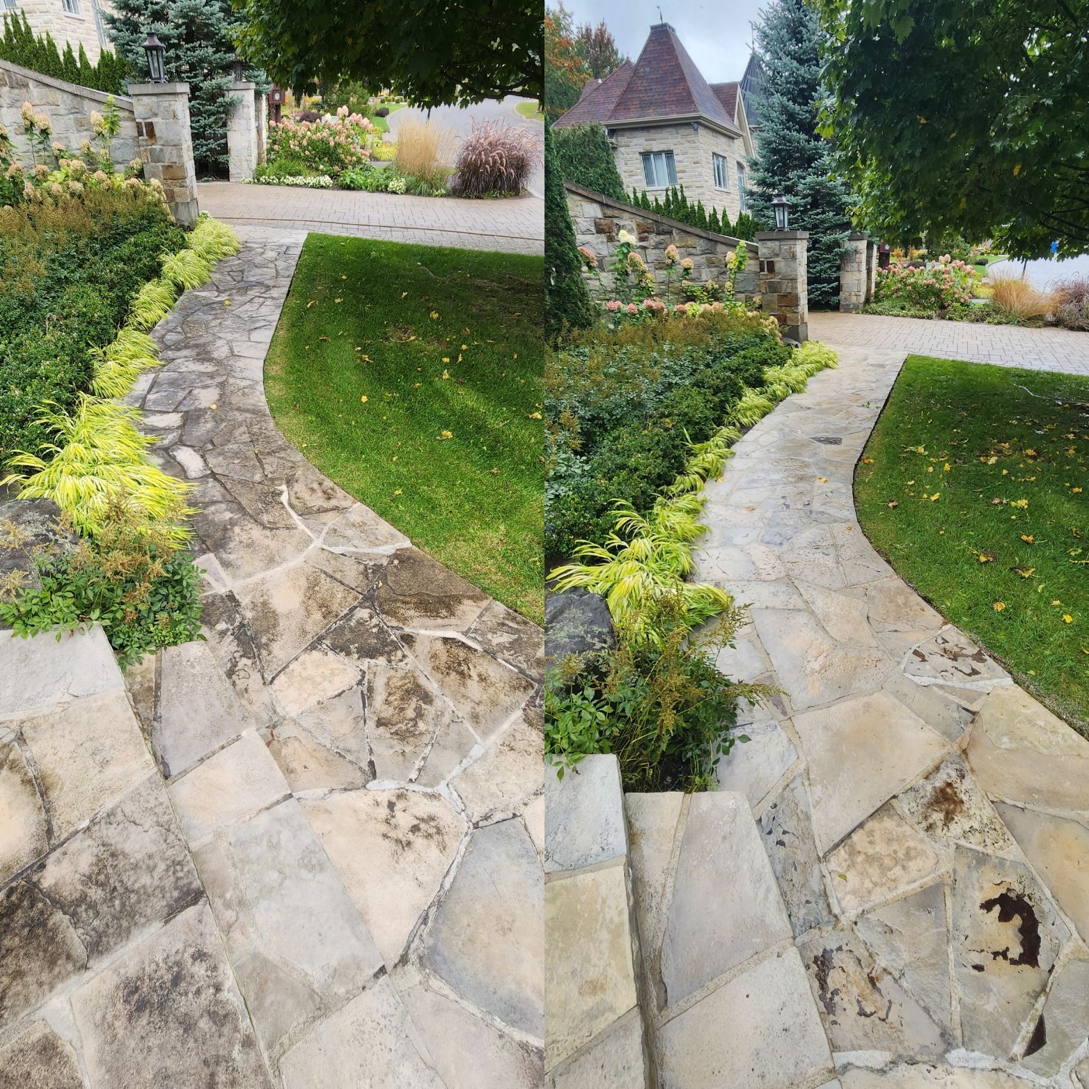 Une photo avant et après d'une allée en pierre